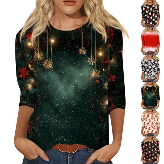 Womens Christmas 3/4 Sleeve Crew Neck Shirt Soft Stretch Holiday Printed Top S
