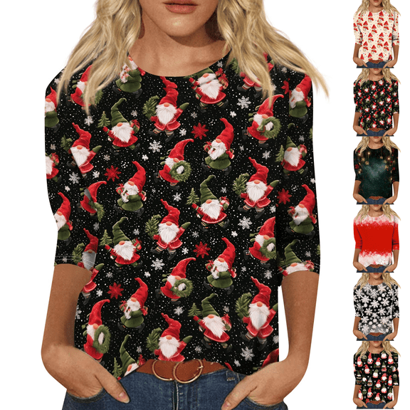 Womens Christmas 3/4 Sleeve Shirt Crewneck Holiday Tree Print Top L