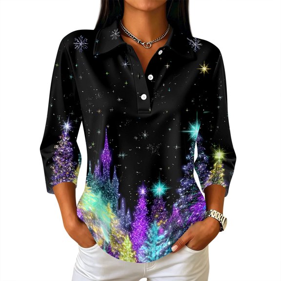 Womens Christmas 3/4 Sleeve Tops Christmas Print Collared Shirts For Women Casual Button Henley Dressy Blouses For Christmas Holiday