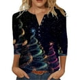 thumbnail image 1 of Womens Christmas 3/4 Sleeve Tops with Buttons V Neck Graphic Tshirts Printed Holiday Outfits Cute Tee Shirts (3XL, Dark Blue), 1 of 7