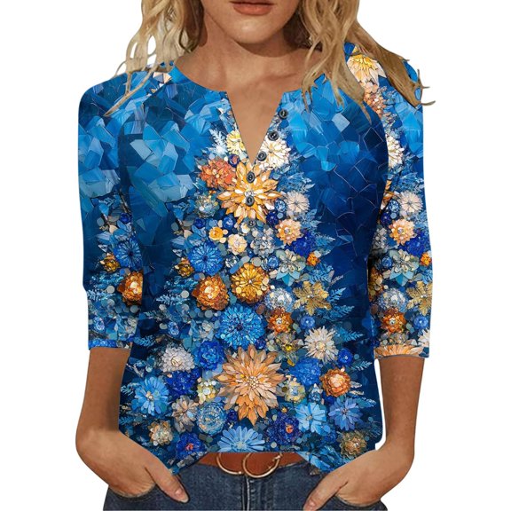 Womens Christmas 3/4 Sleeve Tops with Buttons V Neck Graphic Tshirts Printed Holiday Outfits Cute Tee Shirts (M, Blue)