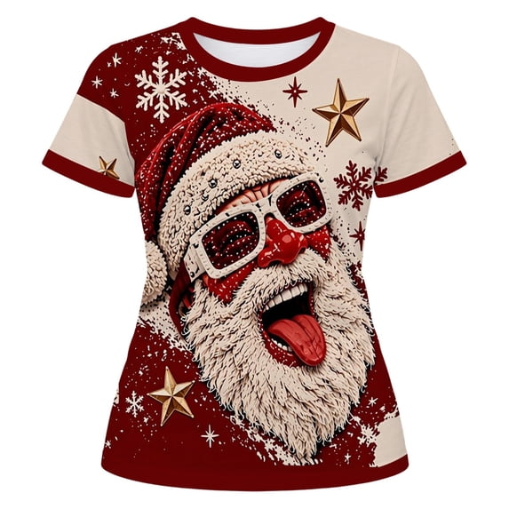 Womens Christmas 3D Print Short Sleeve Tee Festive Wear Clothes For Women Graphic Shirts Drop Shoulder Roomy Novelty Tees