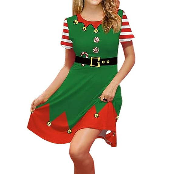 Womens Christmas 3D Realistic Novelty Printed Dresses Short Sleeve A-line Flared Mini Holiday Dress