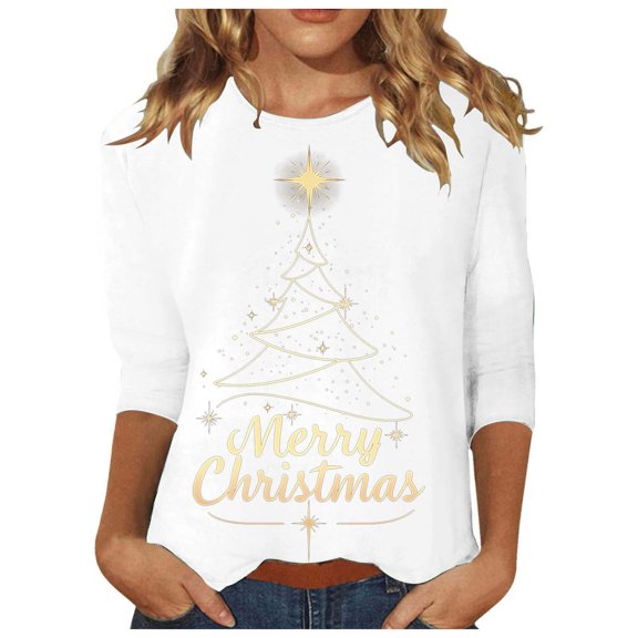Womens Christmas Blouses Loose Round Neck Christmas Tree Pattern 3/4 Sleeve Ladies Casual Blouse,White,S