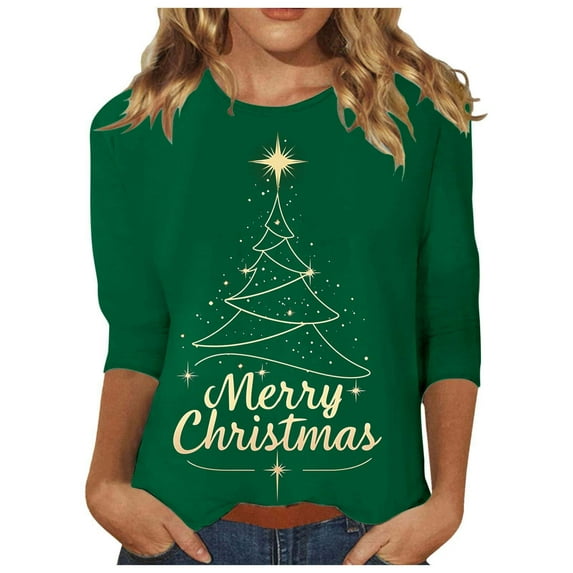 Womens Christmas Blouses Loose Round Neck Christmas Tree Pattern 3/4 Sleeve Womens Winter Tee,Green,4XL