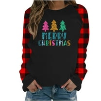 Womens Christmas Buffalo Plaid Shirt Raglan Long Sleeve Tops Crew Neck Sweatshirt Loose Plus Size Holiday Outfit (XL, Red 10)