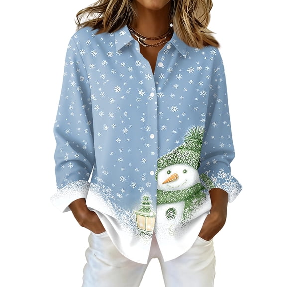Womens Christmas Button Down Shirts Long Sleeve Holiday Vneck Collared Dressy Blouse Vintage Xmas Tops Light Blue XXL