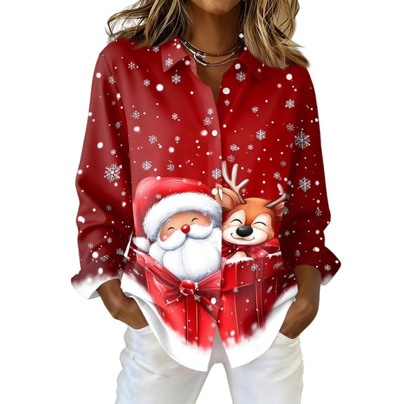 Womens Christmas Button Down Shirts Long Sleeve Holiday Vneck Collared Dressy Blouse Vintage Xmas Tops Vermilion 3XL