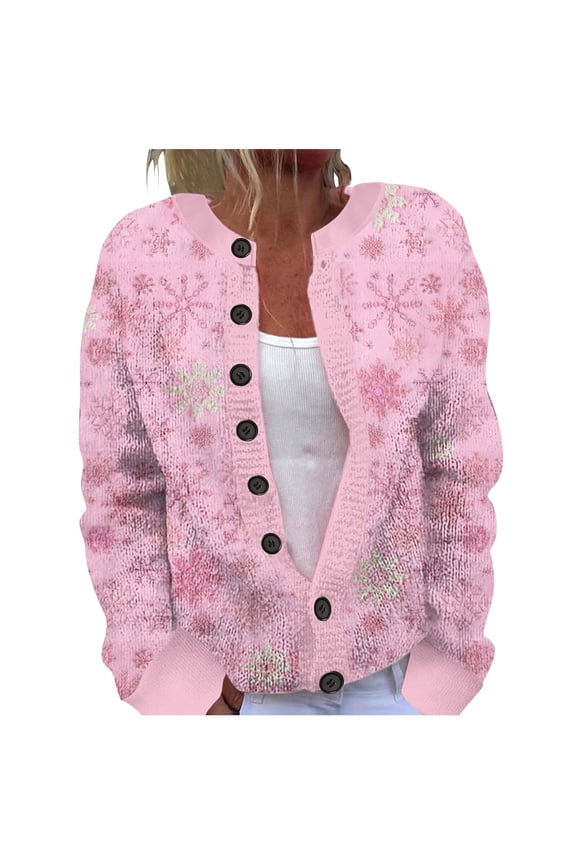 Womens Christmas Cardigan Snowflake Print Long Sleeve Button Knitted Sweater Casual Holiday Knit Outwear Coat