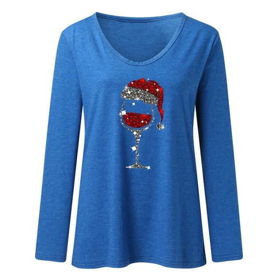 Womens Christmas Casual Tops for Solid Color T Shirts with Fashion Loose Long Sleeve Made of Polyester with Printed V Neck for Casual Style