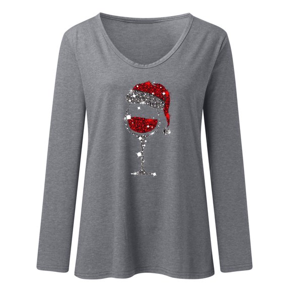 Womens Christmas Casual Tops for Solid Color T Shirts with Fashion Loose Long Sleeve Made of Polyester with Printed V Neck for Casual Style