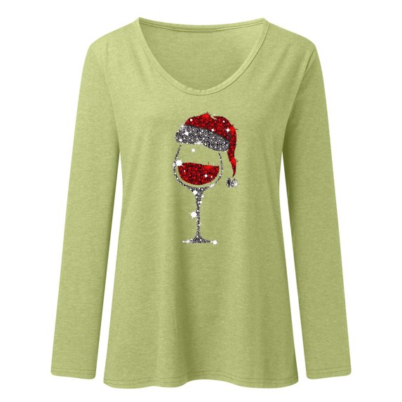 Womens Christmas Casual Tops for Solid Color T Shirts with Fashion Loose Long Sleeve Made of Polyester with Printed V Neck for Casual Style