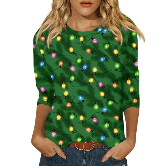Womens Christmas Clothes 3/4 Sleeve Christmas Tops for Women Christmas Tree Print Plus Size Trendy Holiday Blouse Tshirts