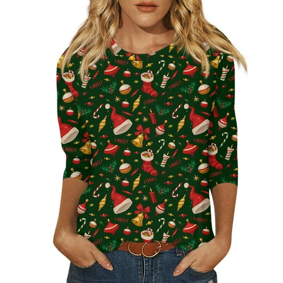 Womens Christmas Clothes 3/4 Sleeve Christmas Tops for Women Funny Graphic Printed Dressy Casual Tunic Blouses Tees