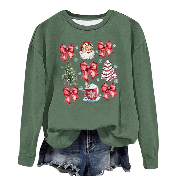 Womens Christmas Coquette Bow Sweatshirt Casual Crew Neck Long Sleeve Pullover Tops Oversized Graphic Sweatshirt (Army Green XL)