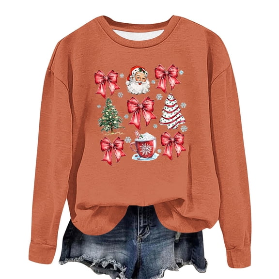 Womens Christmas Coquette Bow Sweatshirt Casual Crew Neck Long Sleeve Pullover Tops Oversized Graphic Sweatshirt (Orange 2XL)