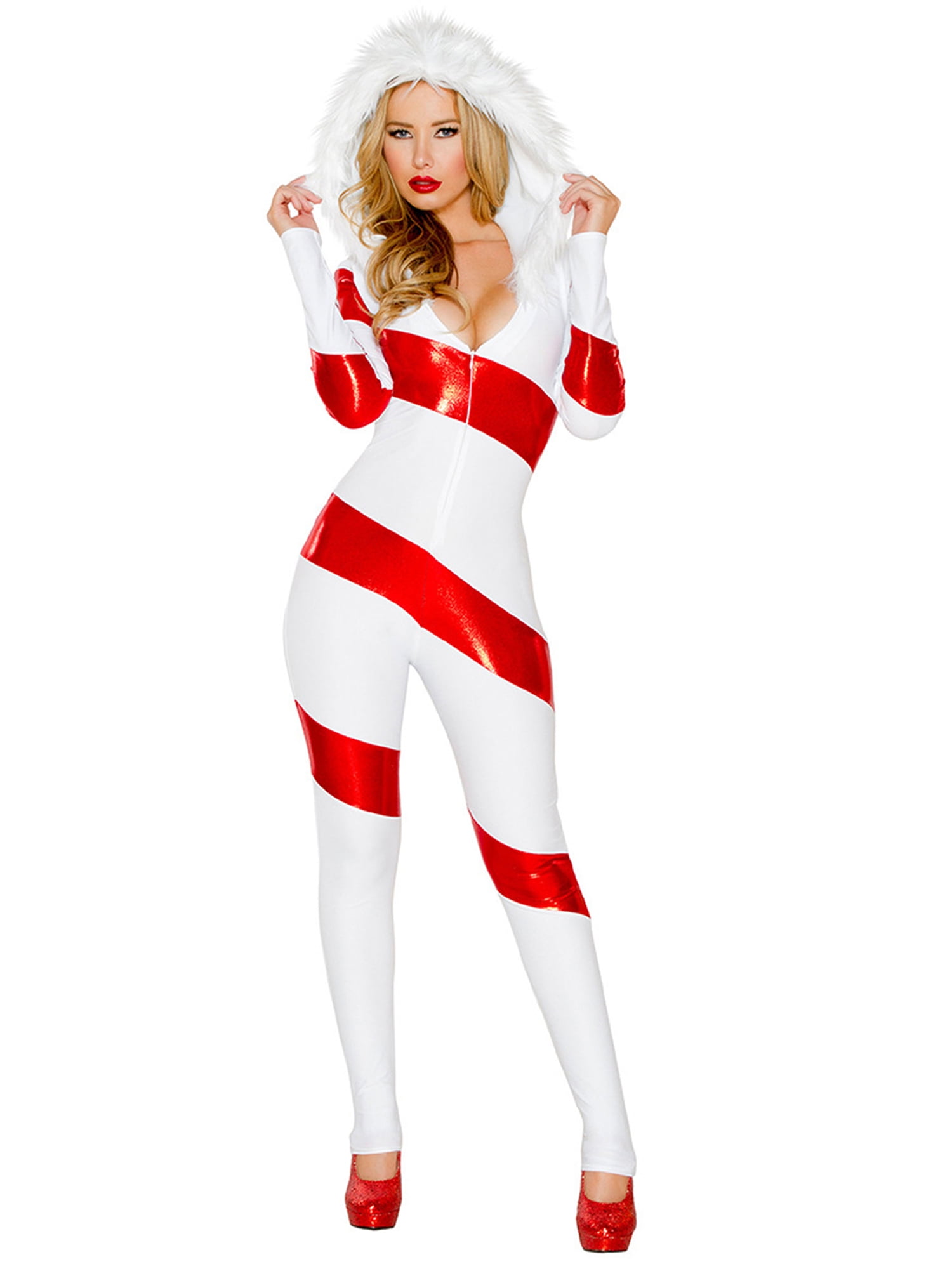 Womens Christmas Costume Santa Claus Jumpsuit Latex Leather Glossy Wet ...