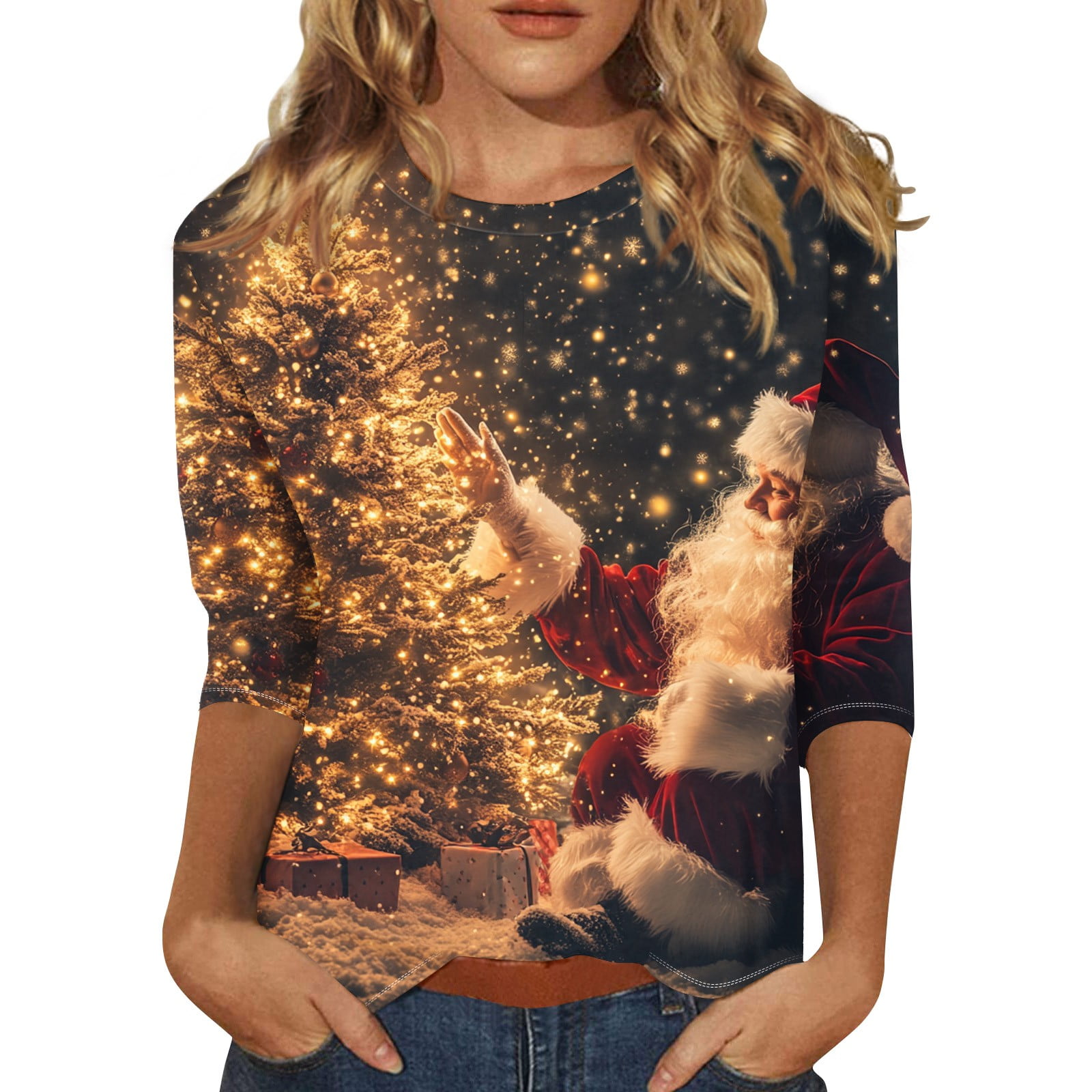Womens Christmas Costumes 2024 Christmas Tree Graphic Tunic 3/4 Sleeve