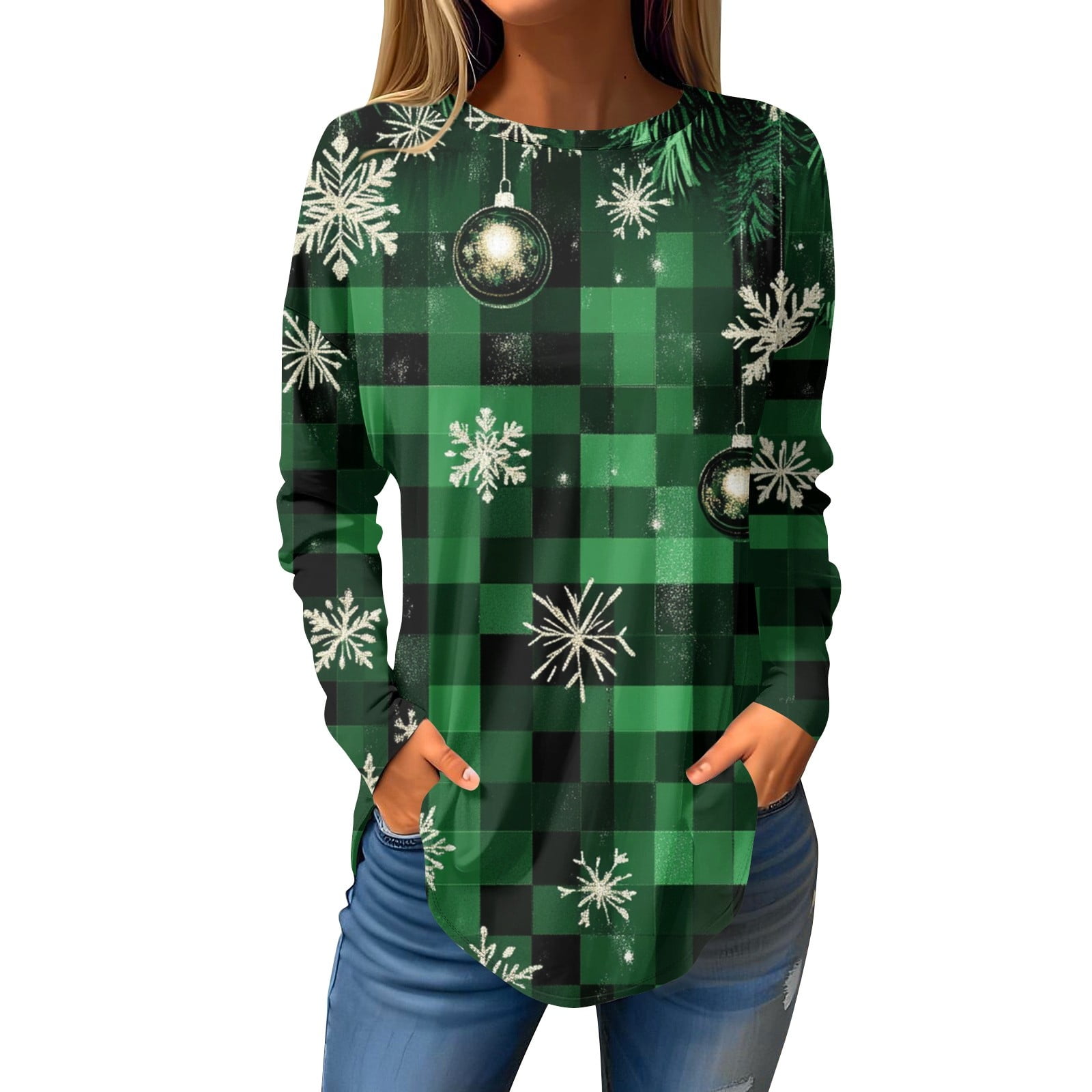 Womens Christmas Costumes 2025 Xmas Snowflake Print Blouse Crewneck
