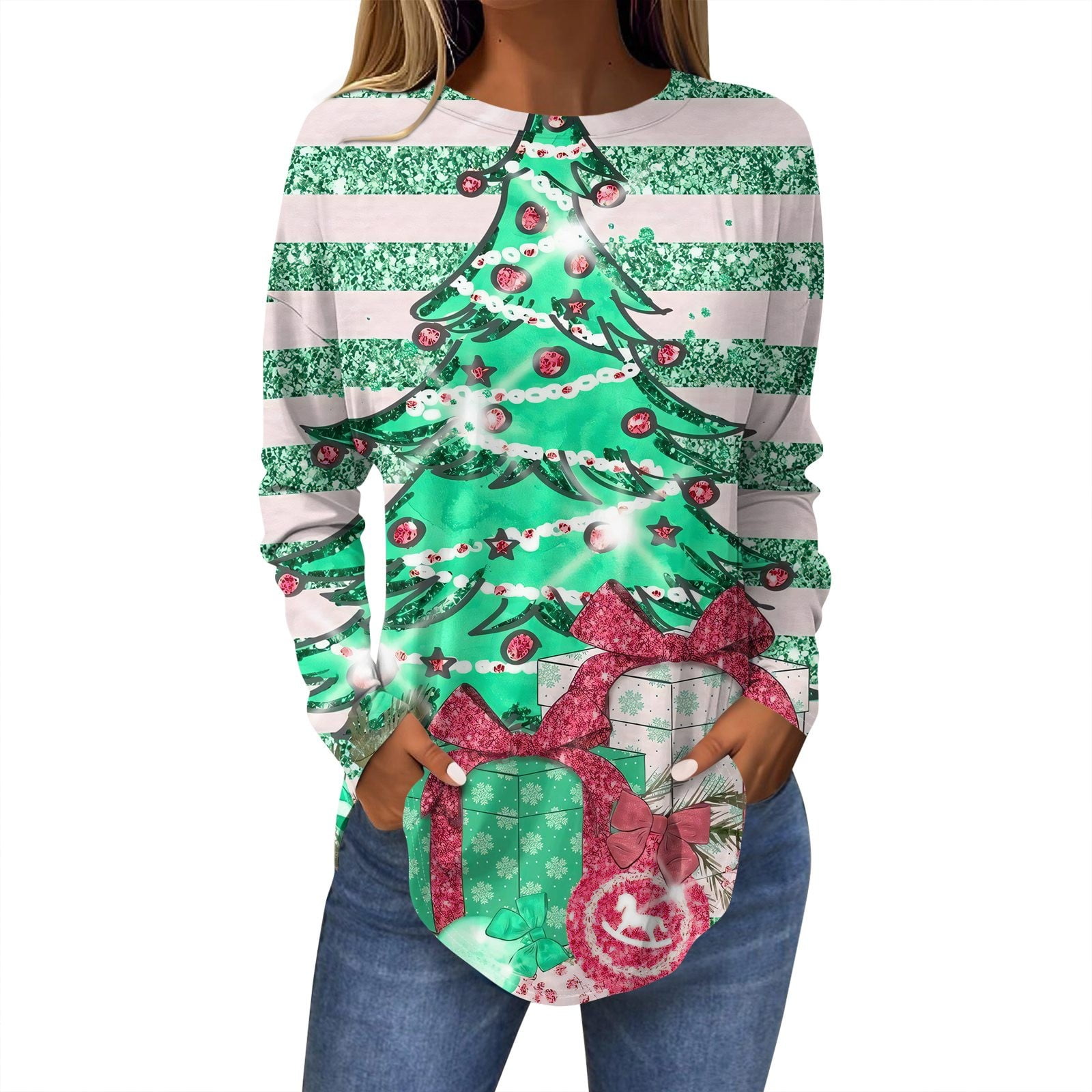 Womens Christmas Costumes 2024 Xmas Snowflake Print Blouse Round Neck
