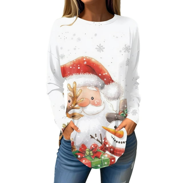 Womens Christmas Costumes 2024 Xmas Snowflake Print TShirts Crewneck