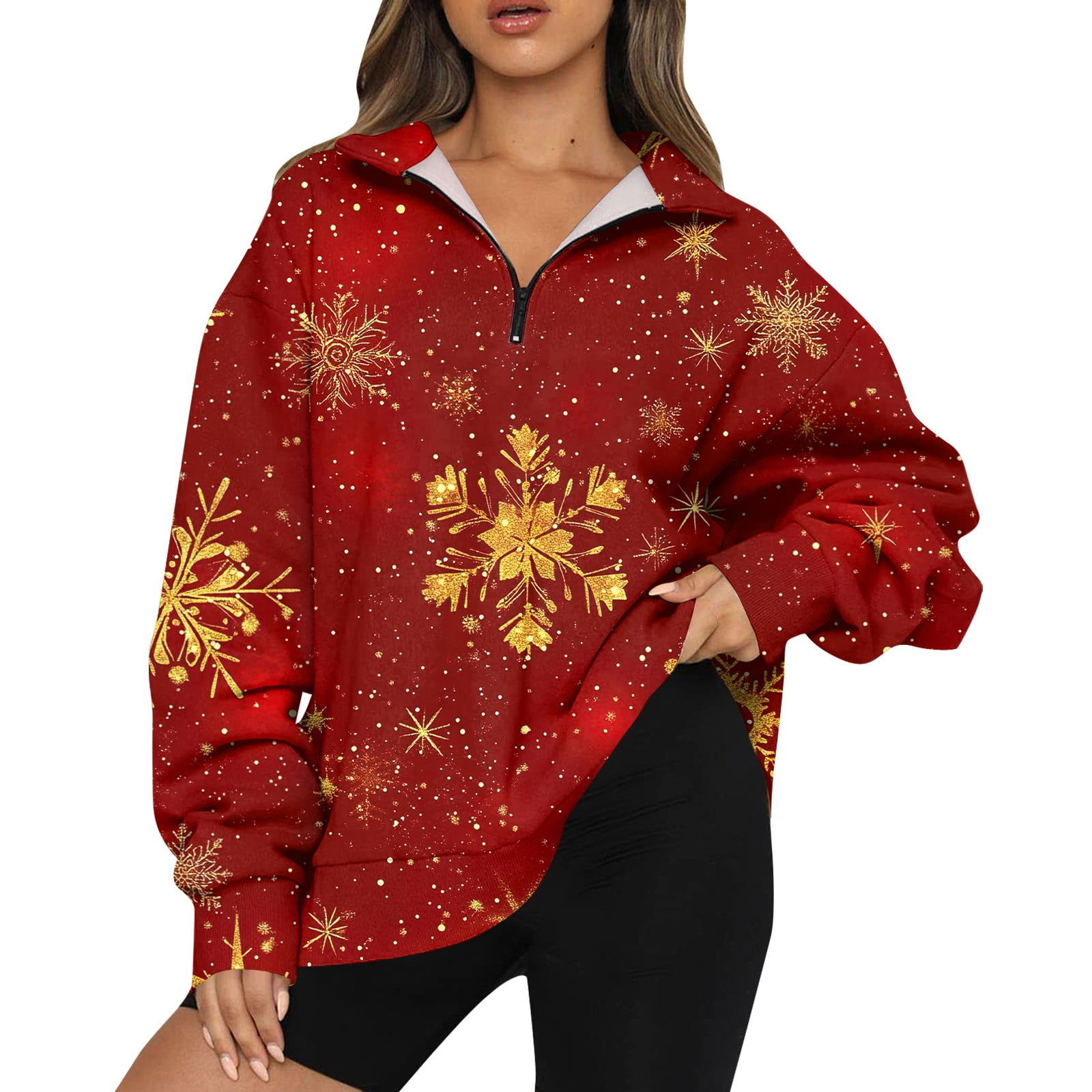 Womens Christmas Costumes Half Zip Christmas Trees Xmas Snowflake Print