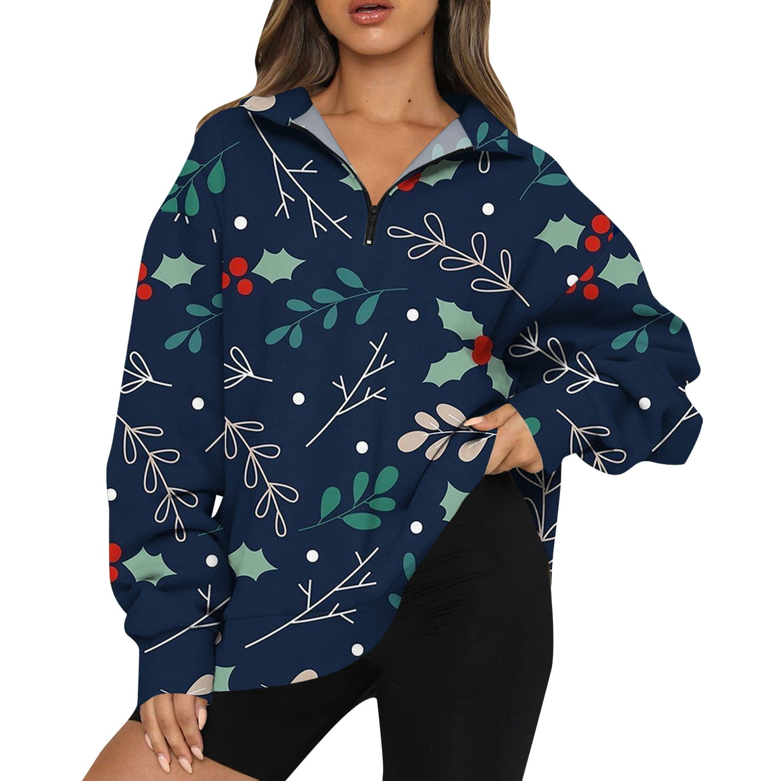Womens Christmas Costumes Half Zip Christmas Trees Xmas Snowflake Print