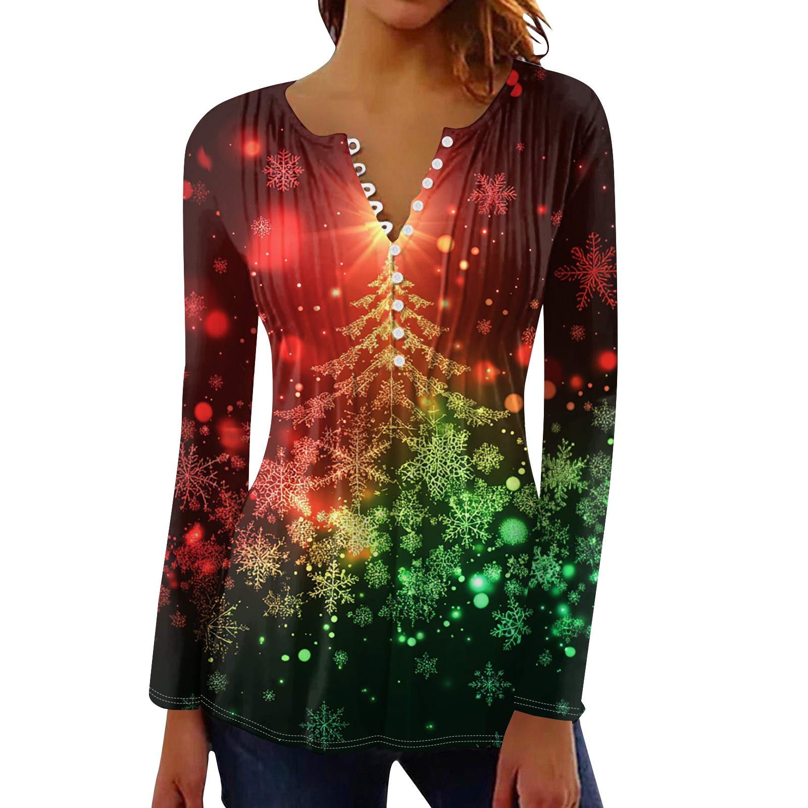 Womens Christmas Costumes Henley Button Up Blouse Long Sleeve Pleated