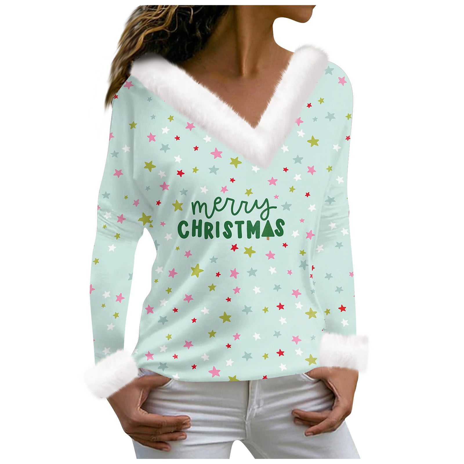Womens Christmas Costumes Xmas Snowflake Print TShirts Faux Fur Trim V