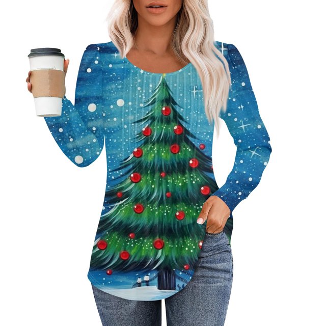 Womens Christmas Costumes Xmas Snowflake Print TShirts Long Sleeve