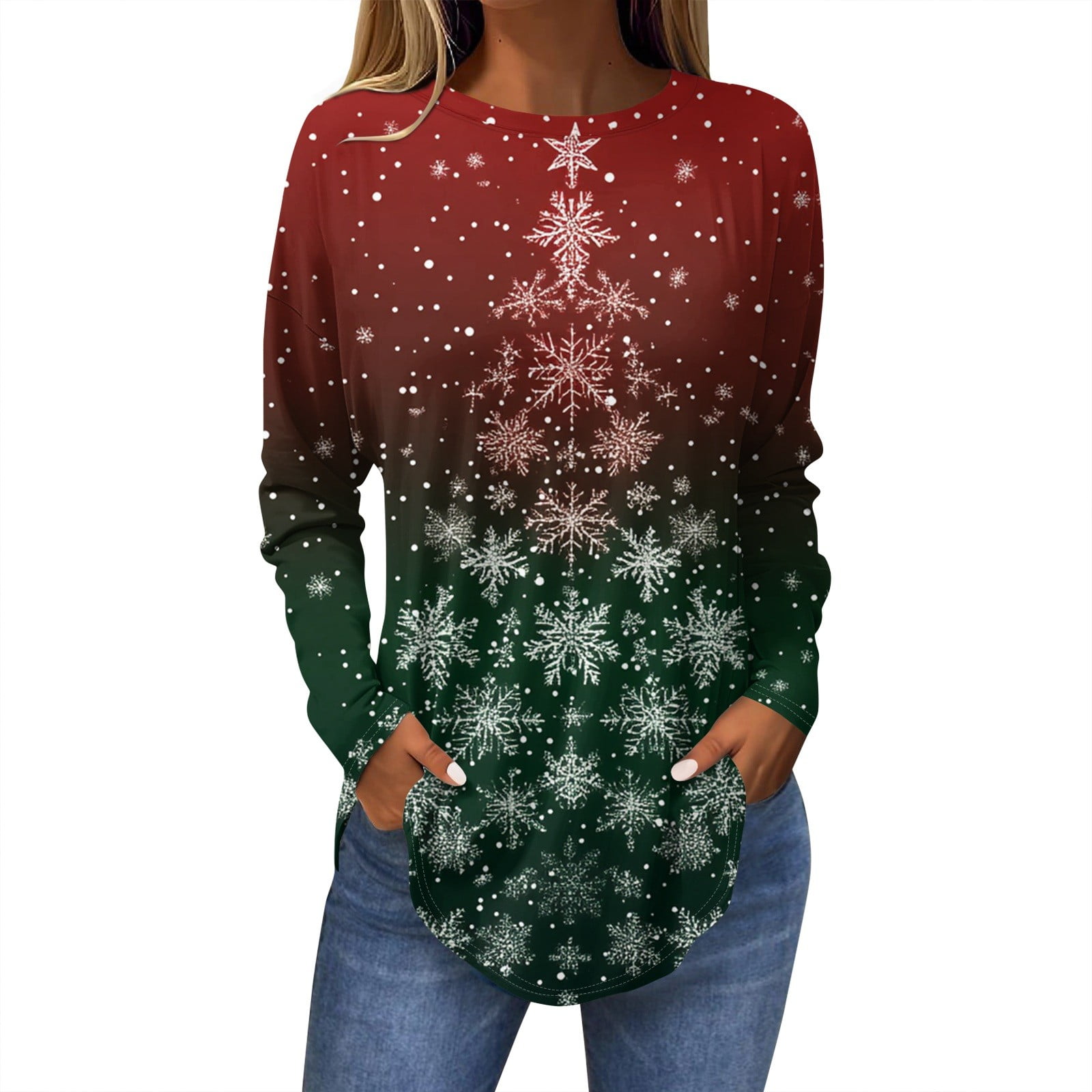 Womens Christmas Costumes Xmas Snowflake Print TShirts Round Neck