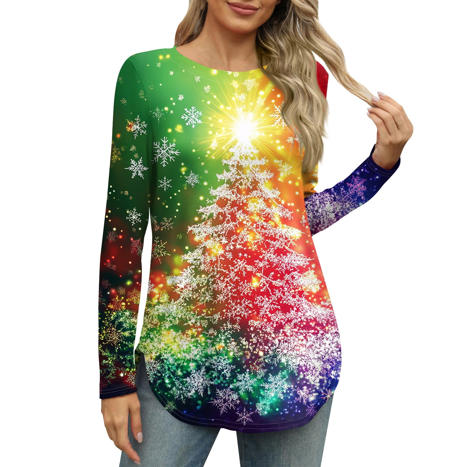 Womens Christmas Costumes Xmas Snowflake Print TShirts Round Neck