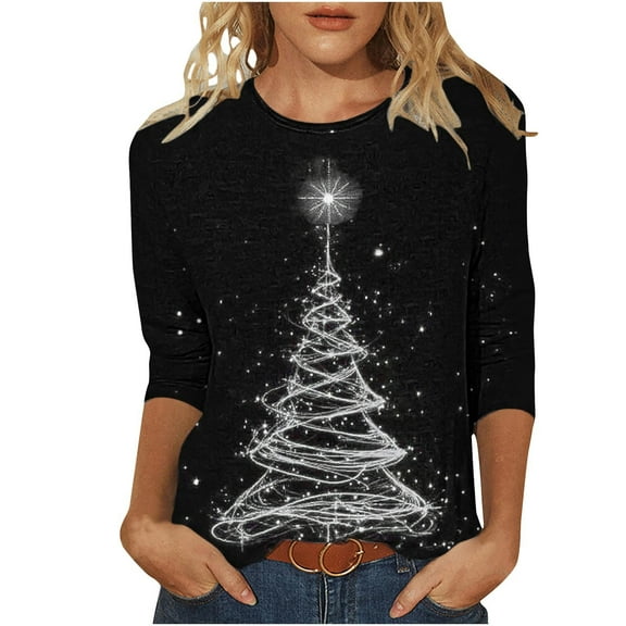 Womens Christmas Crew Neck Shirt Funny Xmas Party Graphic 3/4 Sleeve Tee Winter Holiday Family Matching Blouse