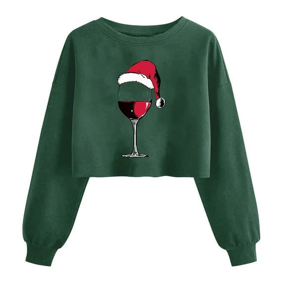 Womens Christmas Cropped Sweatshirt Casual Long Sleeve Crewneck Lightweight Pullover Tops Loose Sweatshirts