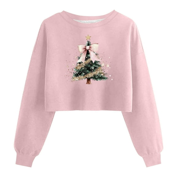 Womens Christmas Cropped Sweatshirts Crewneck Long Sleeve Pink Sweatshirts Ugly Xmas Holiday Gift Festival Outfits, S Pink