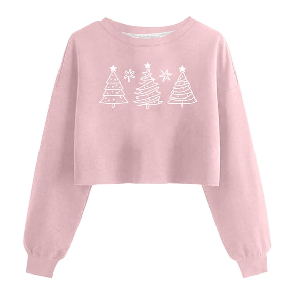 Womens Christmas Cropped Sweatshirts Crewneck Long Sleeve Pink Sweatshirts Ugly Xmas Holiday Gift Festival Outfits, XXL Pink