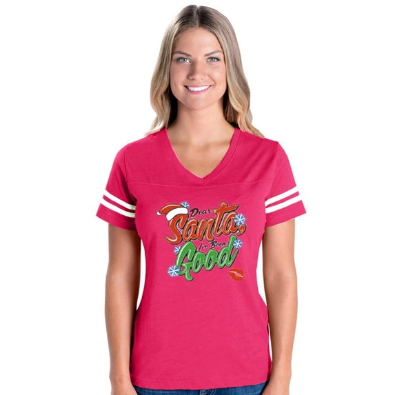 Womens Christmas Dear Santa Football V-Neck T-Shirt