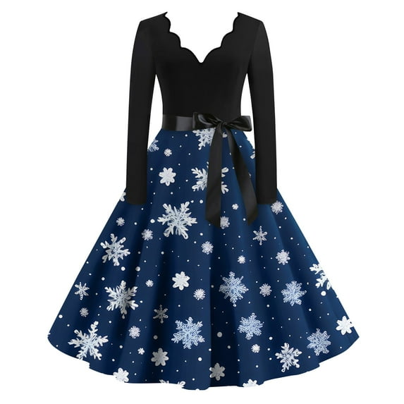 Womens Christmas Dress 1950s Plus Size Glitter Xmas Tree Print Dresses Christmas Tea Party Dress V Neck Long Sleeve Vintage Dresses Holiday Snowflake Cocktail Swing Dress