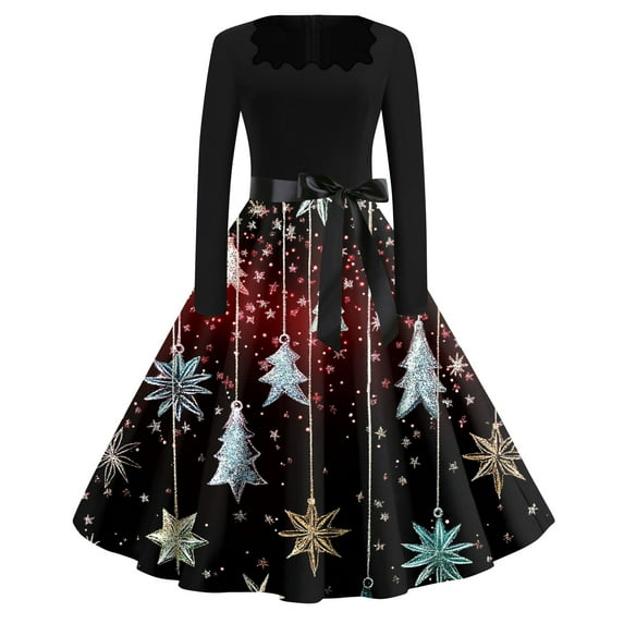 Womens Christmas Dress 1950s Plus Size Long Sleeve Cute Glitter Xmas Tree Print Dress Holiday Crew Neck Vintage Dresses Snowflake Hepburn Swing Dress