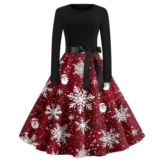 Womens Christmas Dress 1950s Plus Size Snowflake Dress Christmas Tea Party Dress Long Sleeve Crew Neck Vintage Dresses Holiday Glitter Xmas Tree Print Hepburn Swing Dress