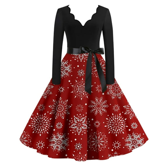 Womens Christmas Dress 1950s Snowflake Dress Long Sleeve Glitter Xmas Tree Print Hepburn Swing Dress Christmas V Neck Cute Vintage Dresses Plus Size Christmas Party Costumes