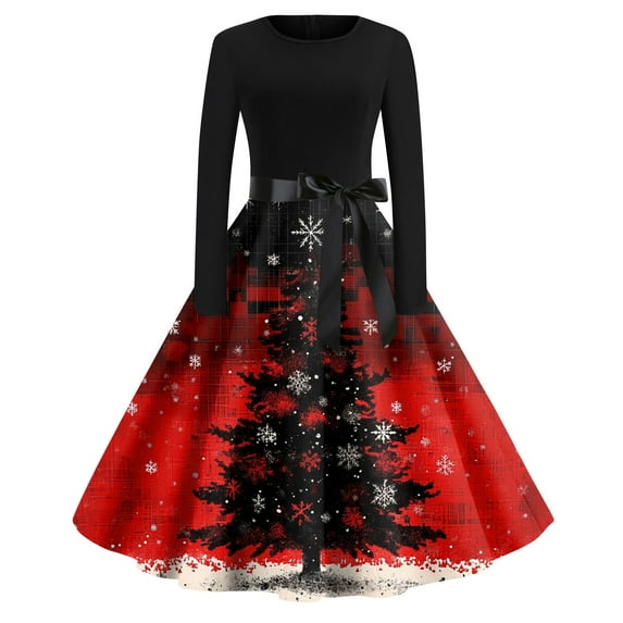 Womens Christmas Dress 2024 Glitter Xmas Tree Print Dress Long Sleeve Snowflake Cocktail Swing Dress Crew Neck Cute Vintage Dresses Plus Size Christmas Party Costumes