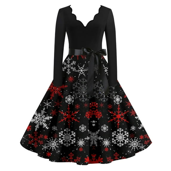Womens Christmas Dress 2024 Plus Size Glitter Xmas Tree Print Dress Long Sleeve Snowflake Cocktail Swing Dress V Neck Cute Vintage Dresses Christmas Party Costumes