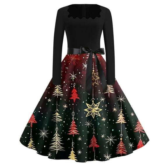 Womens Christmas Dress 2024 Plus Size Glitter Xmas Tree Print Dresses Christmas Tea Party Dress Crew Neck Long Sleeve Vintage Dresses Holiday Snowflake Hepburn Swing Dress