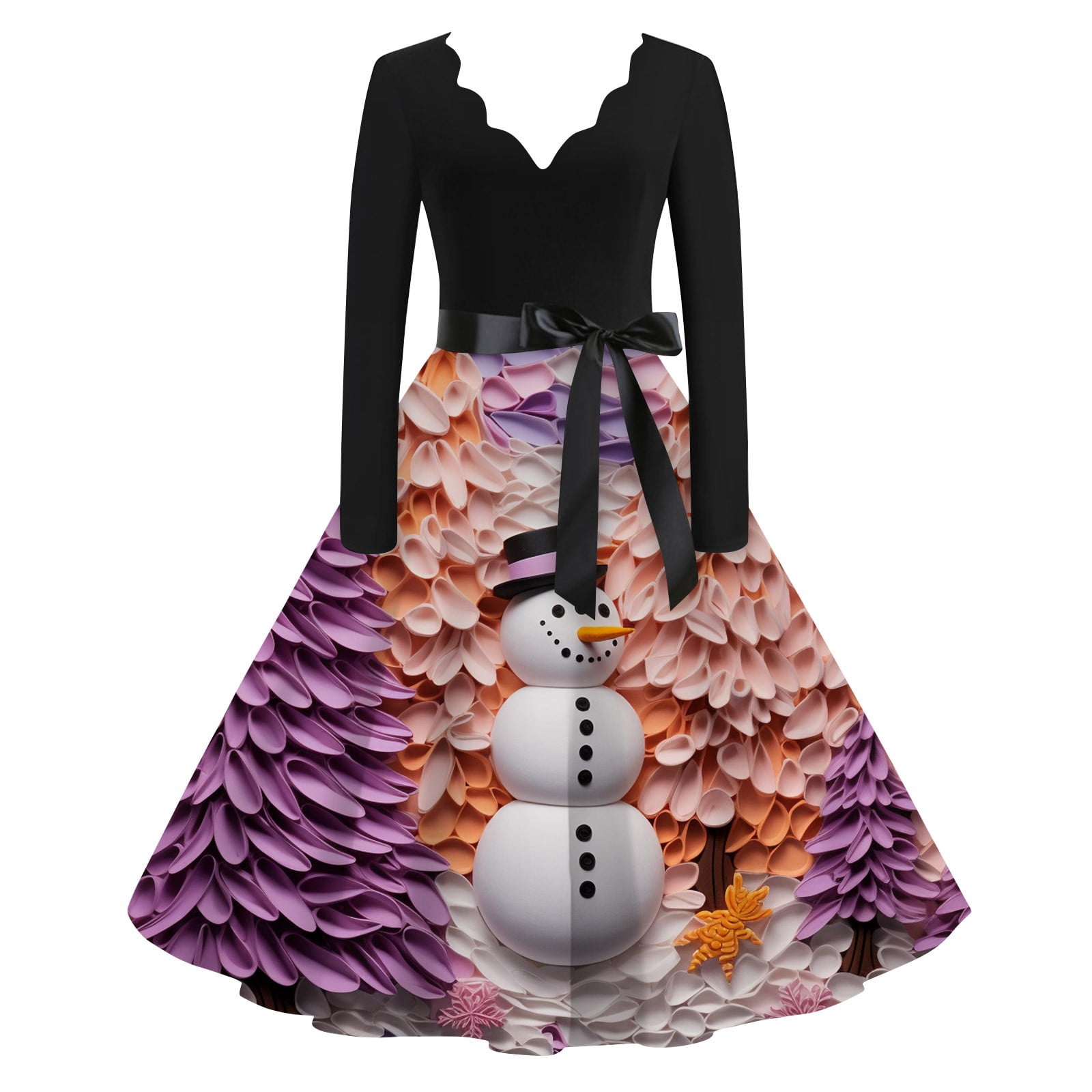 christmas dress size 20 Christmas Dresses for Women Plus Size Christmas Costumes Cute Snowflake  Dress Long Sleeve V Neck Party Dress Holiday Glitter Xmas Tree Print  Hepburn Swing Dress
