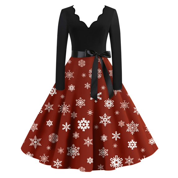 Womens Christmas Dress 2024 Plus Size Snowflake Dress Christmas Tea Party Dress Long Sleeve V Neck Retro Dress Holiday Glitter Xmas Tree Print Hepburn Swing Dress