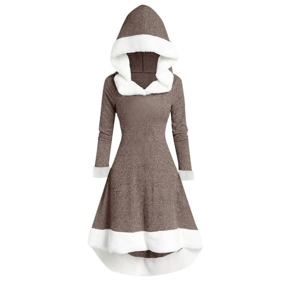 Womens Christmas Dress Casual Fashion Long Sleeve Solid Retro Splicing Cloak Hooded Dresses