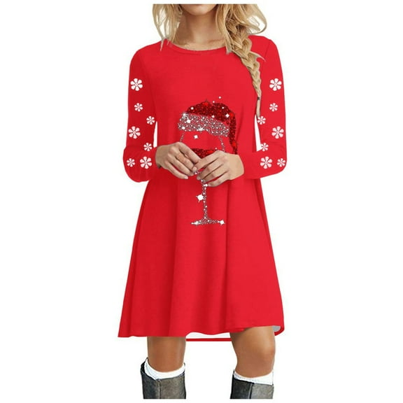 Womens Christmas Dress Christmas Party Dress Christmas Womens Long Sleeve Crew Neck Deer Printed Soft Dress Fashion Party Swing Dress