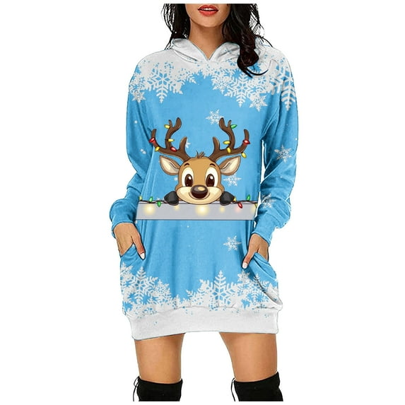 Womens Christmas Dress Holiday Dress for women's Christmas Printed Long Sleeved Hooded Sweatshirt With Pocket Hoodie Pullover Dress Hoodie