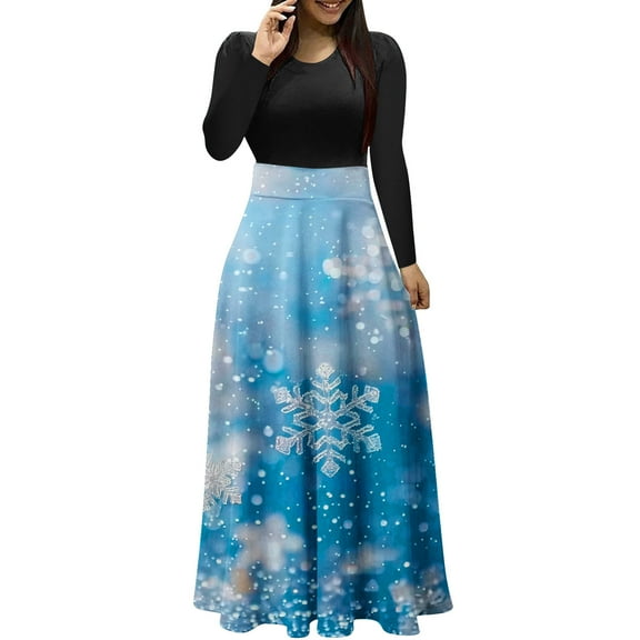 Womens Christmas Dress - Vintage Dress for Women, Ladies Christmas Snowflake Printed Dress Vintage Dresses Long Sleeved Round Neck Dress Patchwork Long Dresses